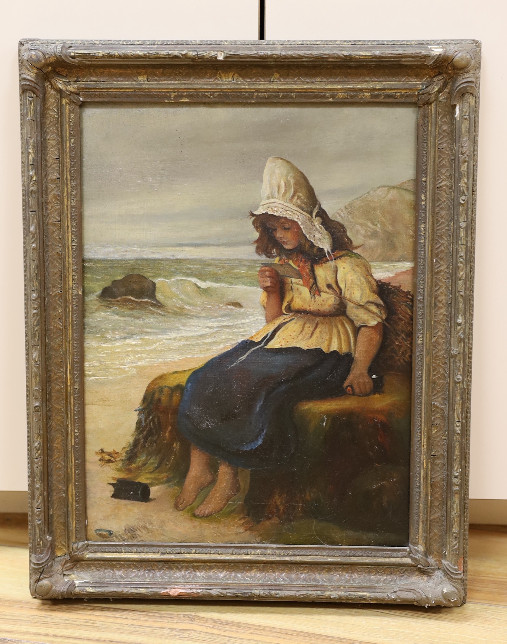 English School c.1900, oil on canvas, Fishergirl reading a letter on the seashore, 39 x 29cm